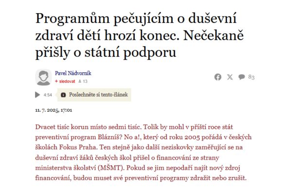 Vyjádření Radky Votavové k rozhodnutí MŠMT ohledně zamítnutých dotací pro preventivní programy v oblasti duševního zdraví